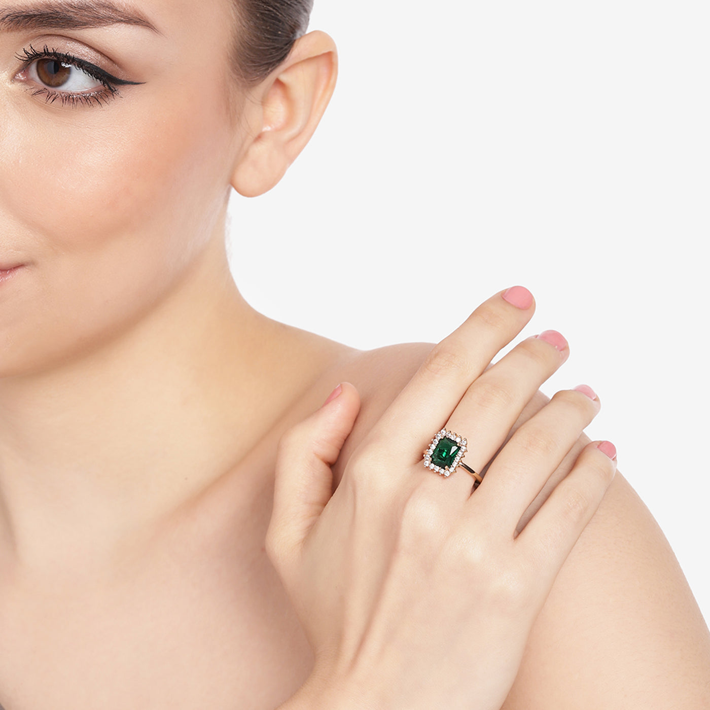 Estele Rose Gold Plated CZ Square Designer Finger Ring With Green Stones for Women(Adjustable)