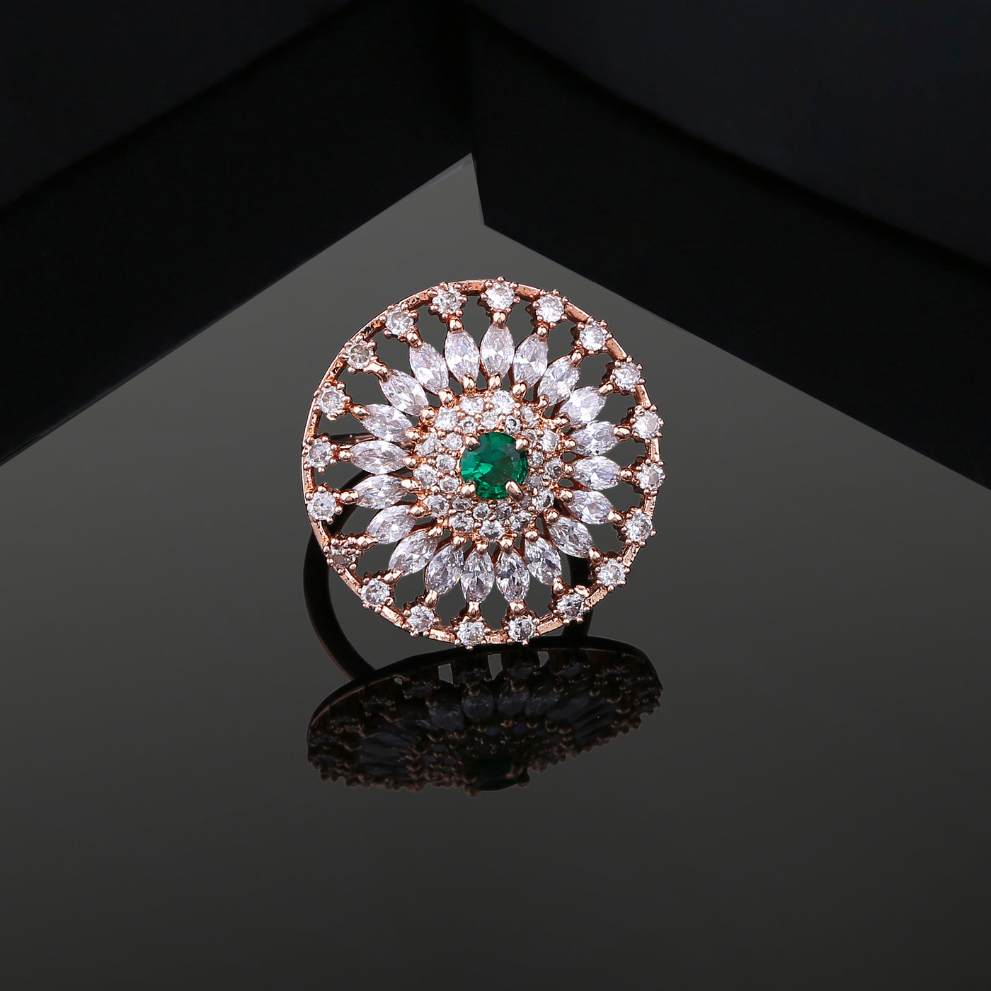 Estele Rose Gold Plated CZ Adjustable Classic Flower Shaped Finger Ring with Emerald/ Green Stones for Women