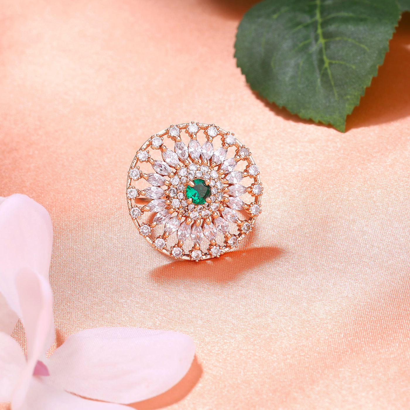 Estele Rose Gold Plated CZ Adjustable Classic Flower Shaped Finger Ring with Emerald/ Green Stones for Women