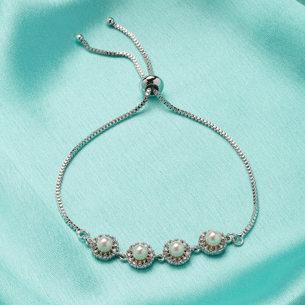 Trendy CZ Pearl & Crystal Collection Chain Bracelet – Rhodium Finish Occasion Wear