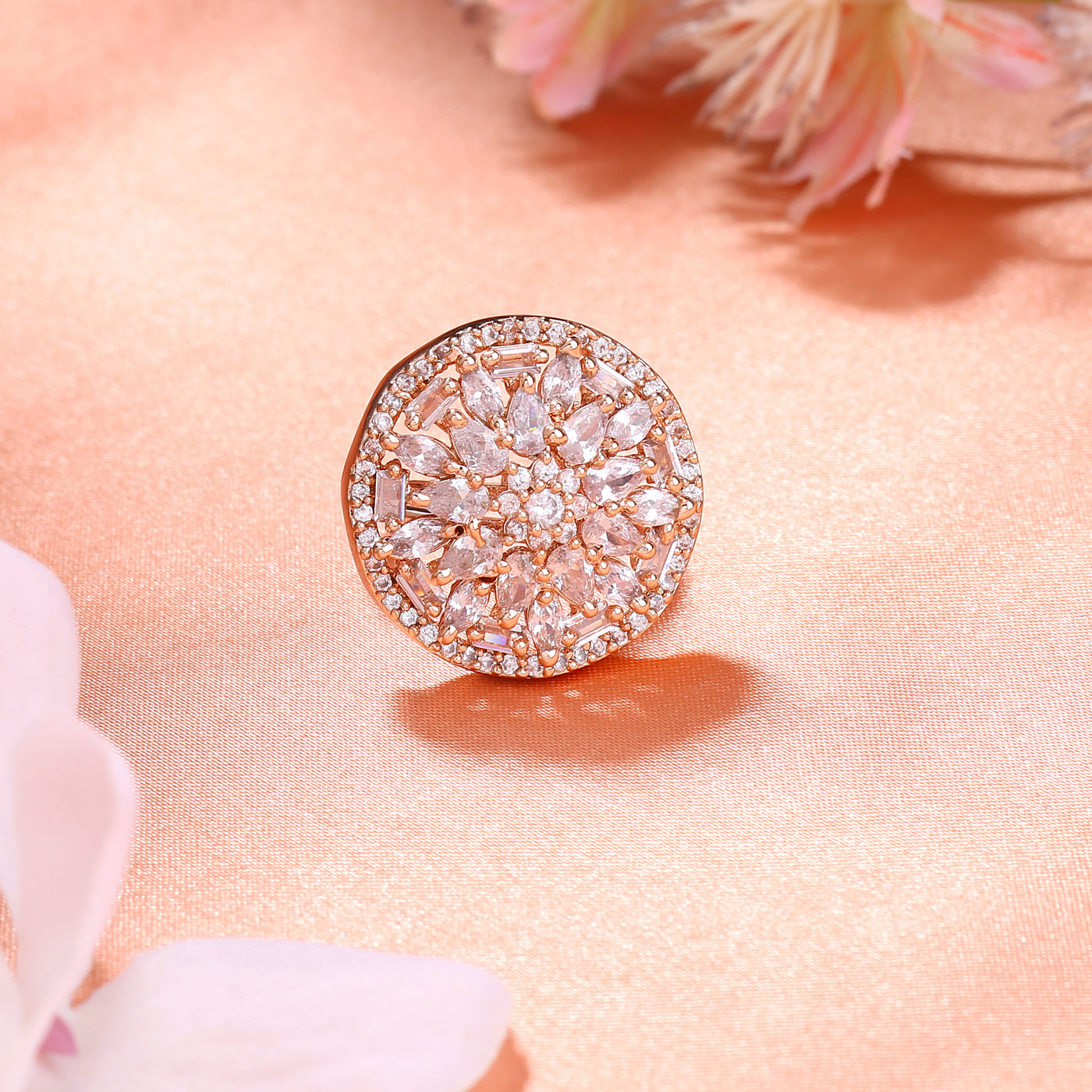 Estele Rose Gold Plated CZ Flower Shaped Finger Ring for Women