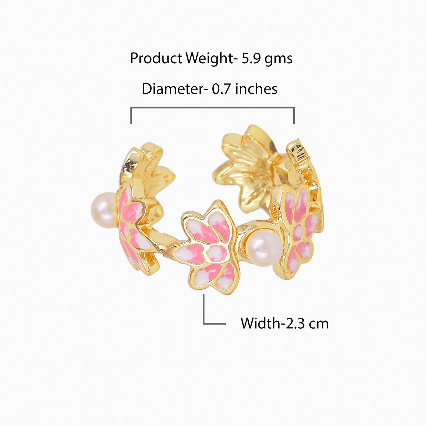 Estele Gold Plated Pink Enamelled Lotus Designer Adjustable Finger Ring with Pearls for Girl's & Women