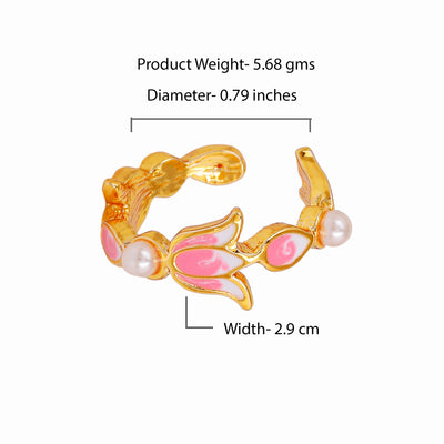 Estele Gold Plated Pink Enamelled Lotus Designer Adjustable Finger Ring with Pearls for Girl's & Women