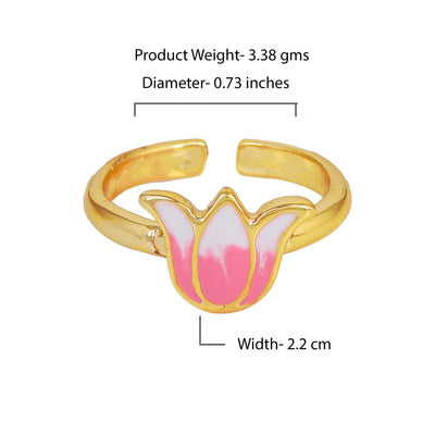 Estele Gold Plated Pink Enamelled Lotus Designer Stylish Adjustable Finger Ring for Girl's & Women