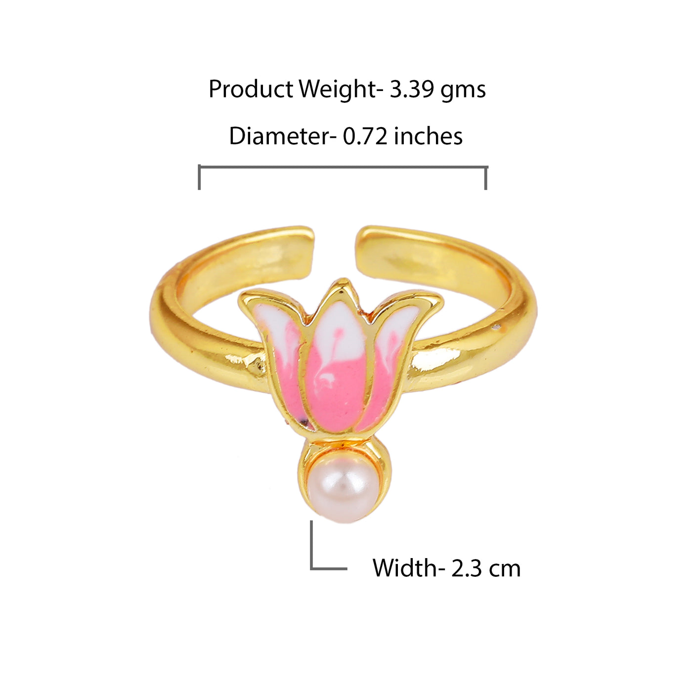 Estele Gold Plated Pink Enamelled Lotus Designer Stylish Adjustable Finger Ring with Pearl for Girl's & Women