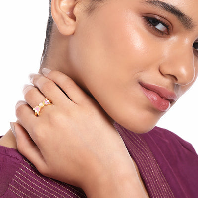 Estele Gold Plated Pink Enamelled Lotus Designer Adjustable Finger Ring with Pearls for Girl's & Women