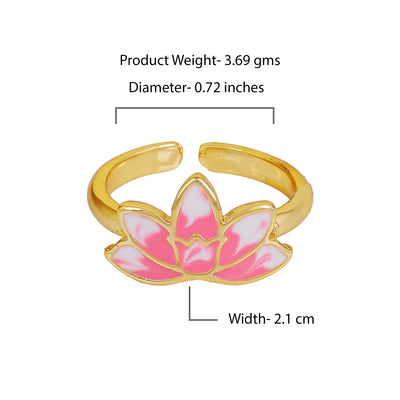 Estele Gold Plated Pink Enamelled Lotus Designer Stylish Adjustable Finger Ring for Girl's & Women