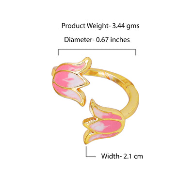 Estele Gold Plated Pink Enamelled Lotus Designer Stylish Adjustable Finger Ring for Girl's & Women
