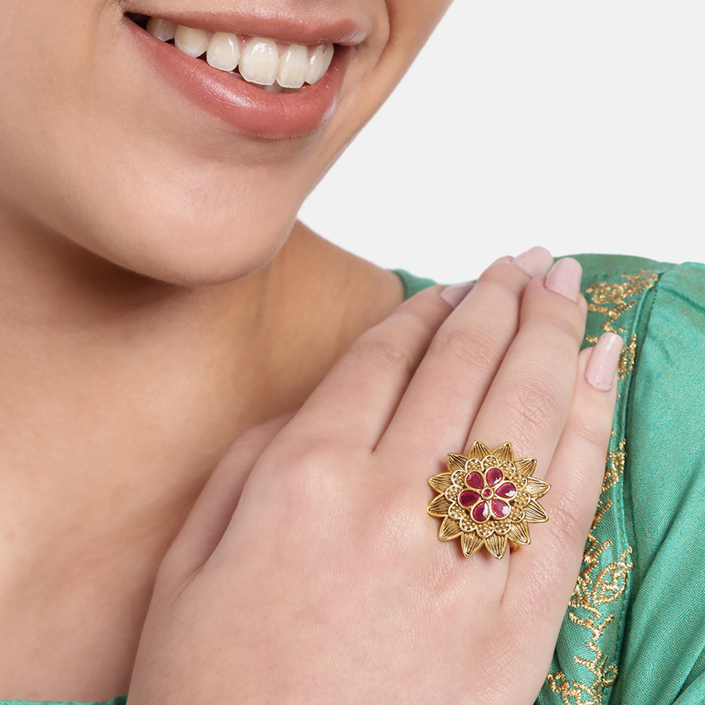 Estele Gold Plated Flower Designer Matt Finish Finger Ring with Ruby Crystals for Women(Adjustable)