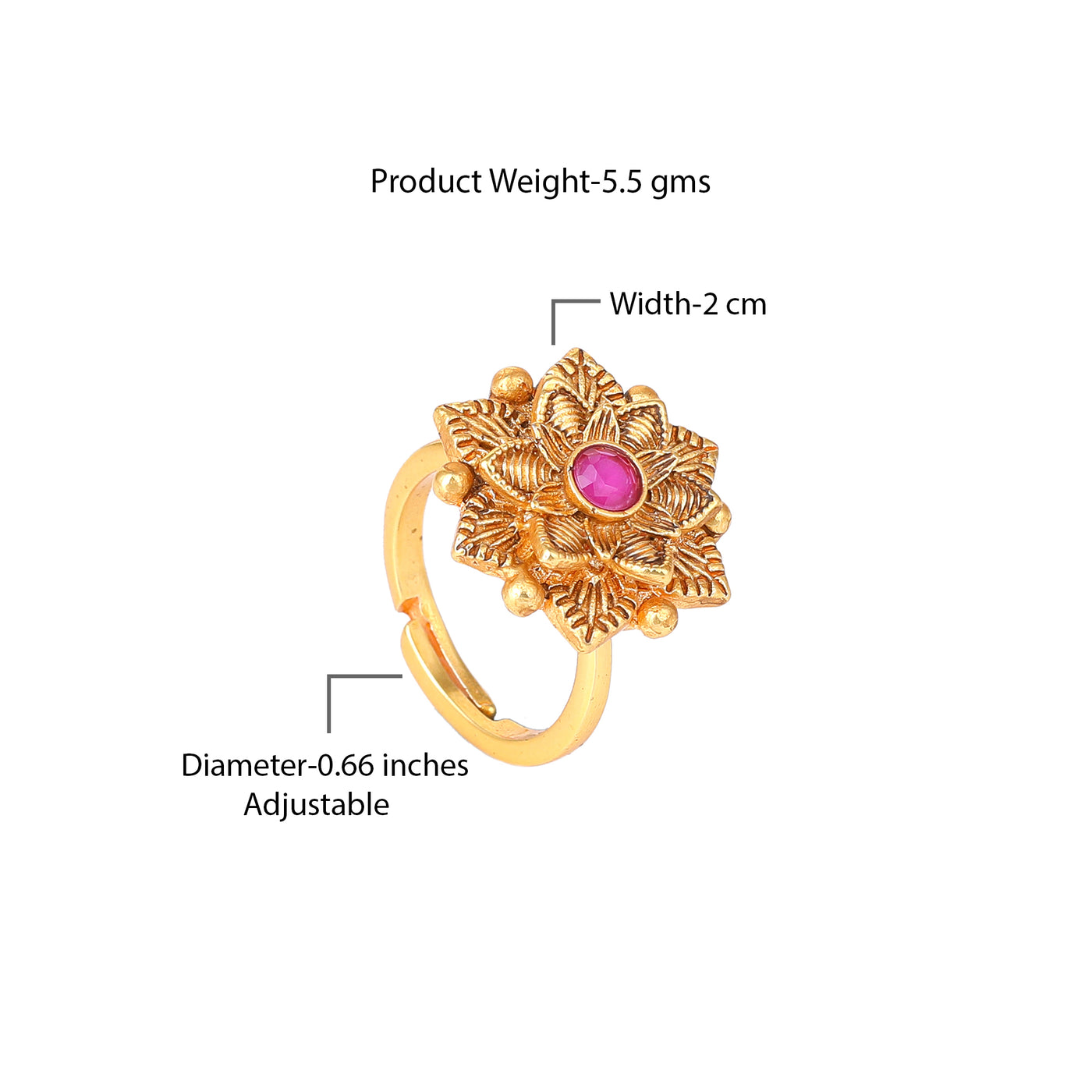 Estele Gold Plated Flower Designer Matte Finish Finger Ring with Ruby Crystals for Women(Adjustable)