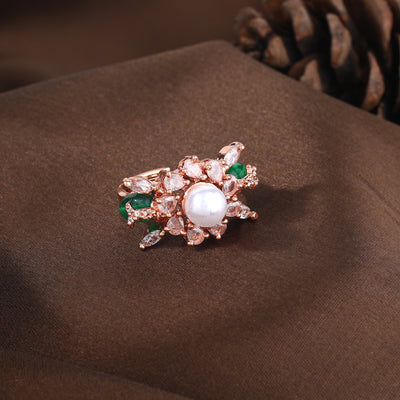 Estele Rosegold Plated Elegant Floral Designer Green Beaded Adjustable Varya Finger Ring|A Unique Statement Accessory for Women