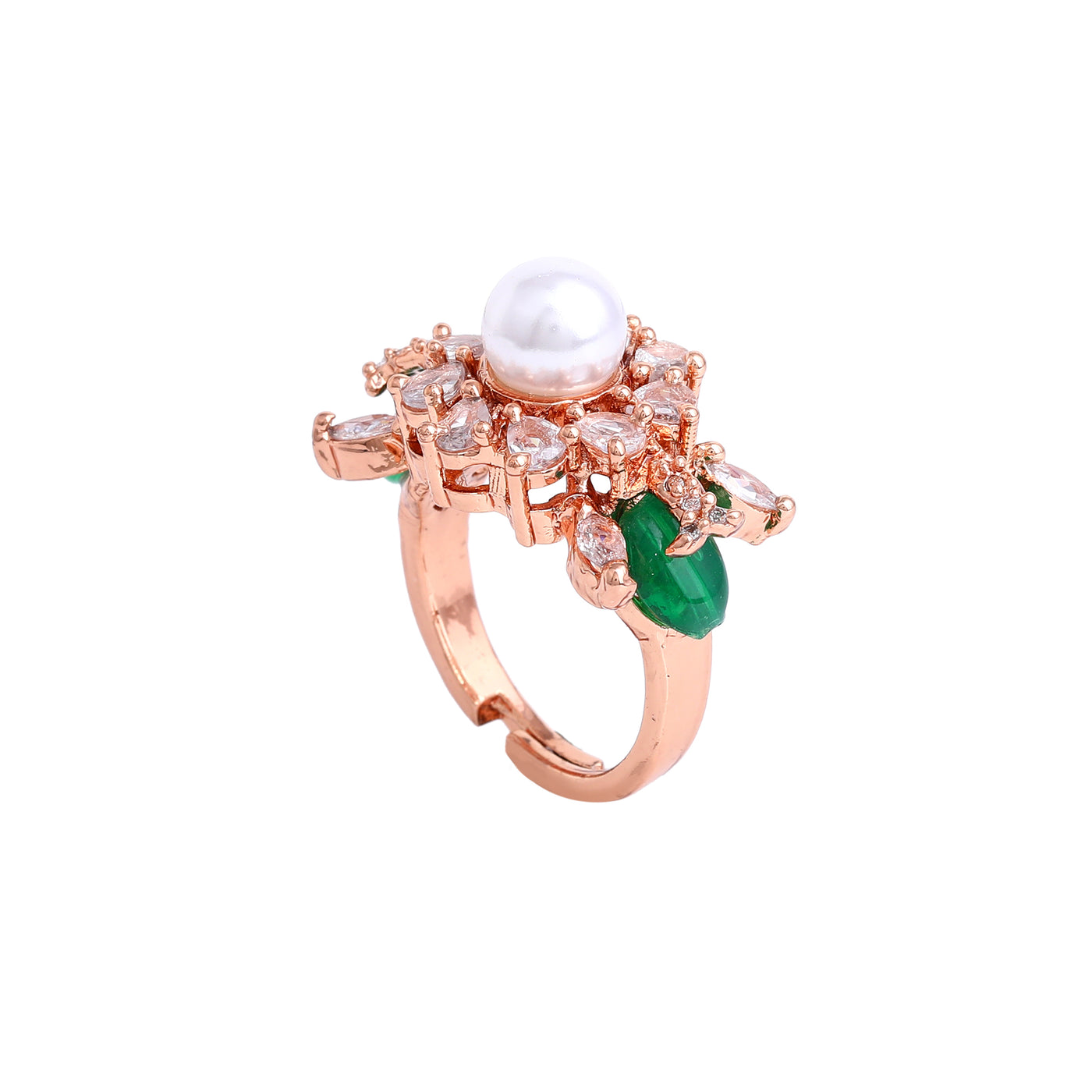 Estele Rosegold Plated Elegant Floral Designer Green Beaded Adjustable Varya Finger Ring|A Unique Statement Accessory for Women