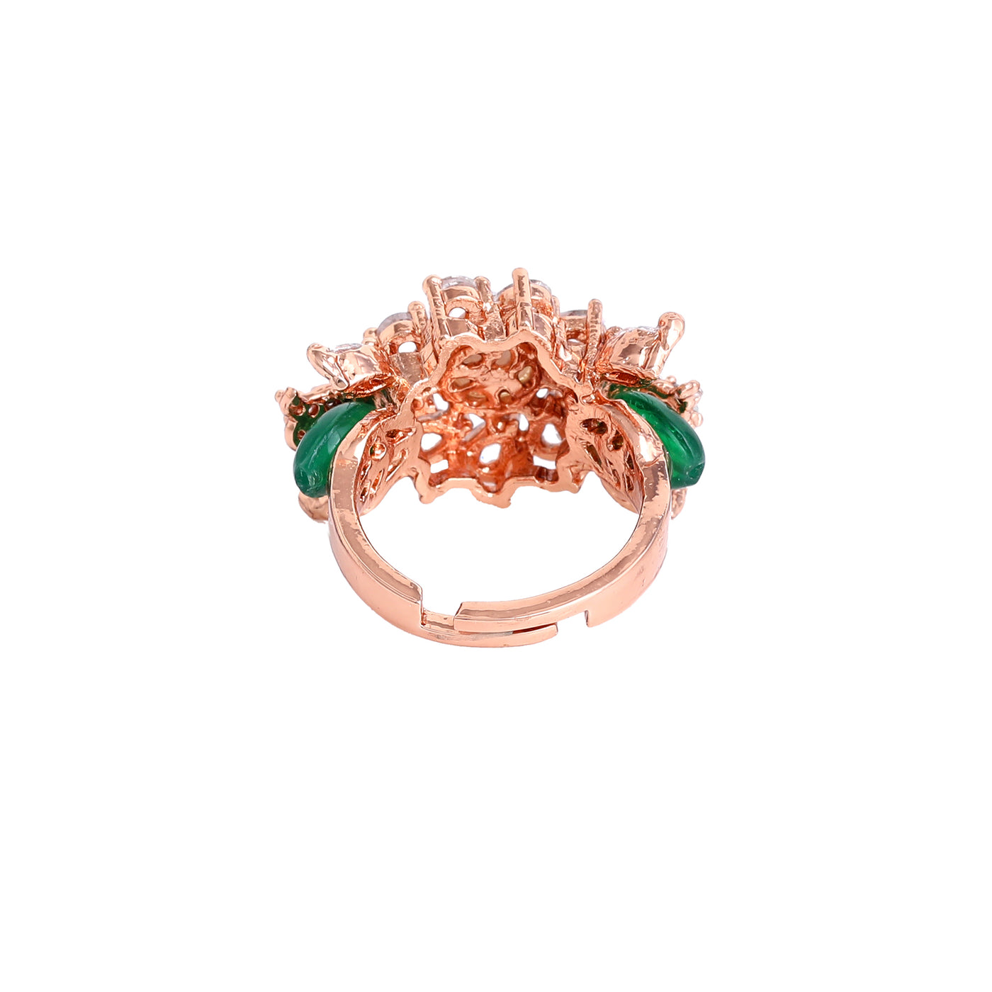 Estele Rosegold Plated Elegant Floral Designer Green Beaded Adjustable Varya Finger Ring|A Unique Statement Accessory for Women