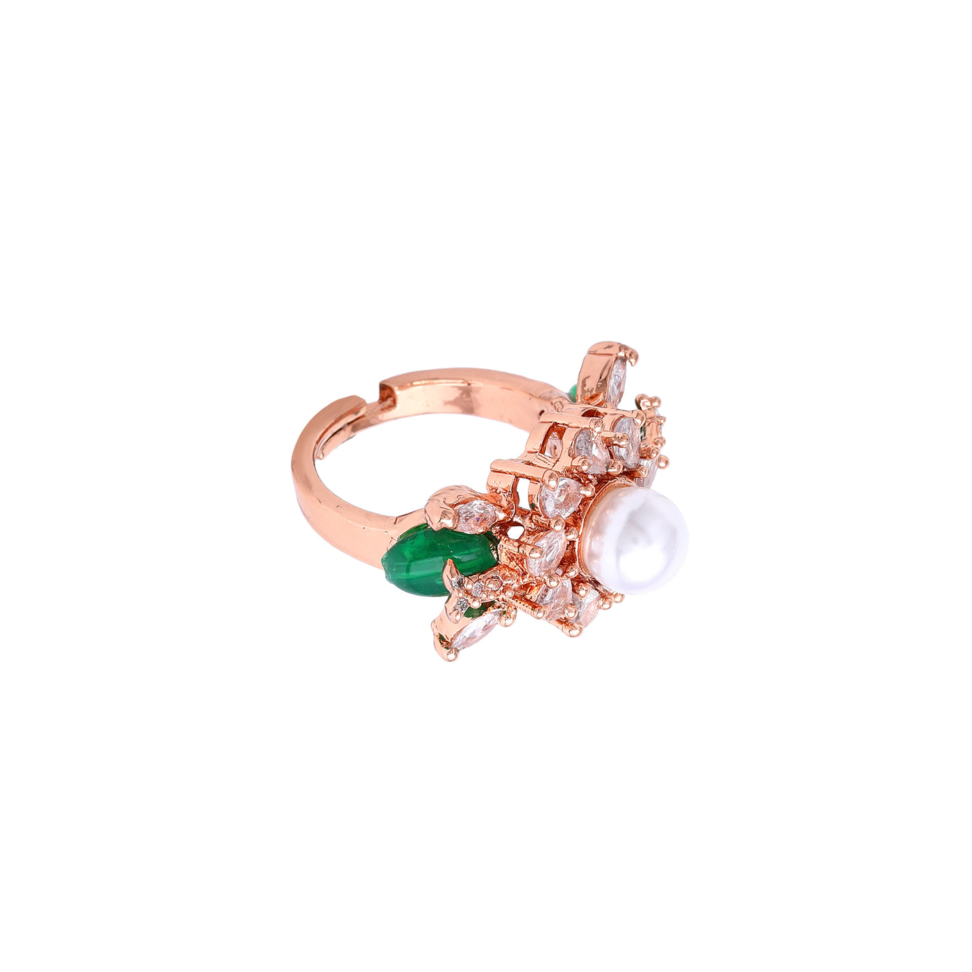 Estele Rosegold Plated Elegant Floral Designer Green Beaded Adjustable Varya Finger Ring|A Unique Statement Accessory for Women