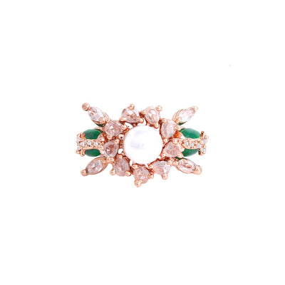 Estele Rosegold Plated Elegant Floral Designer Green Beaded Adjustable Varya Finger Ring|A Unique Statement Accessory for Women