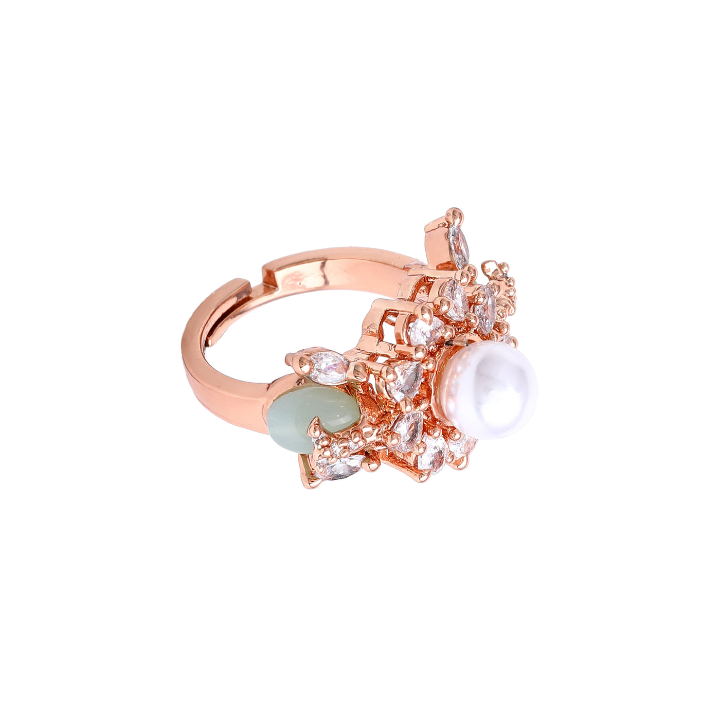 Estele Rosegold Plated Stunning Mint Green Beads Enhanced Adjustable Varya Finger Ring|Trendy and Versatile Jewelry for Women