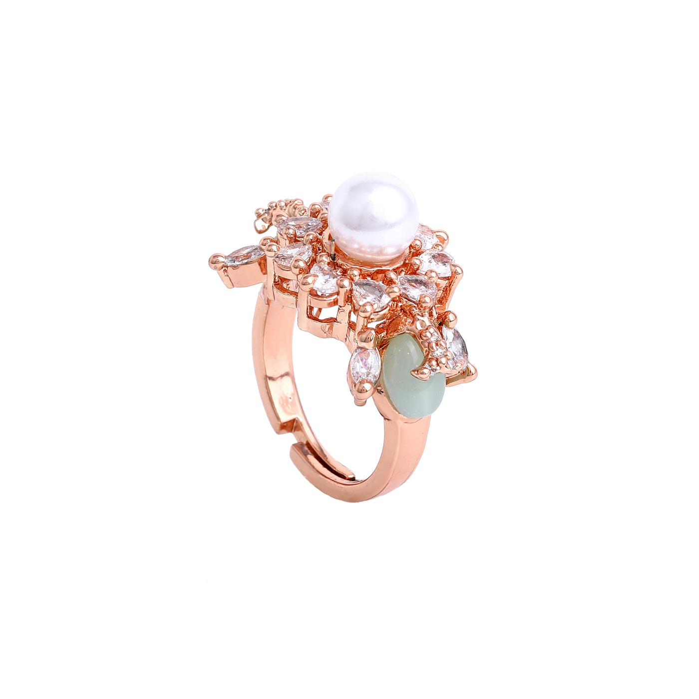 Estele Rosegold Plated Stunning Mint Green Beads Enhanced Adjustable Varya Finger Ring|Trendy and Versatile Jewelry for Women