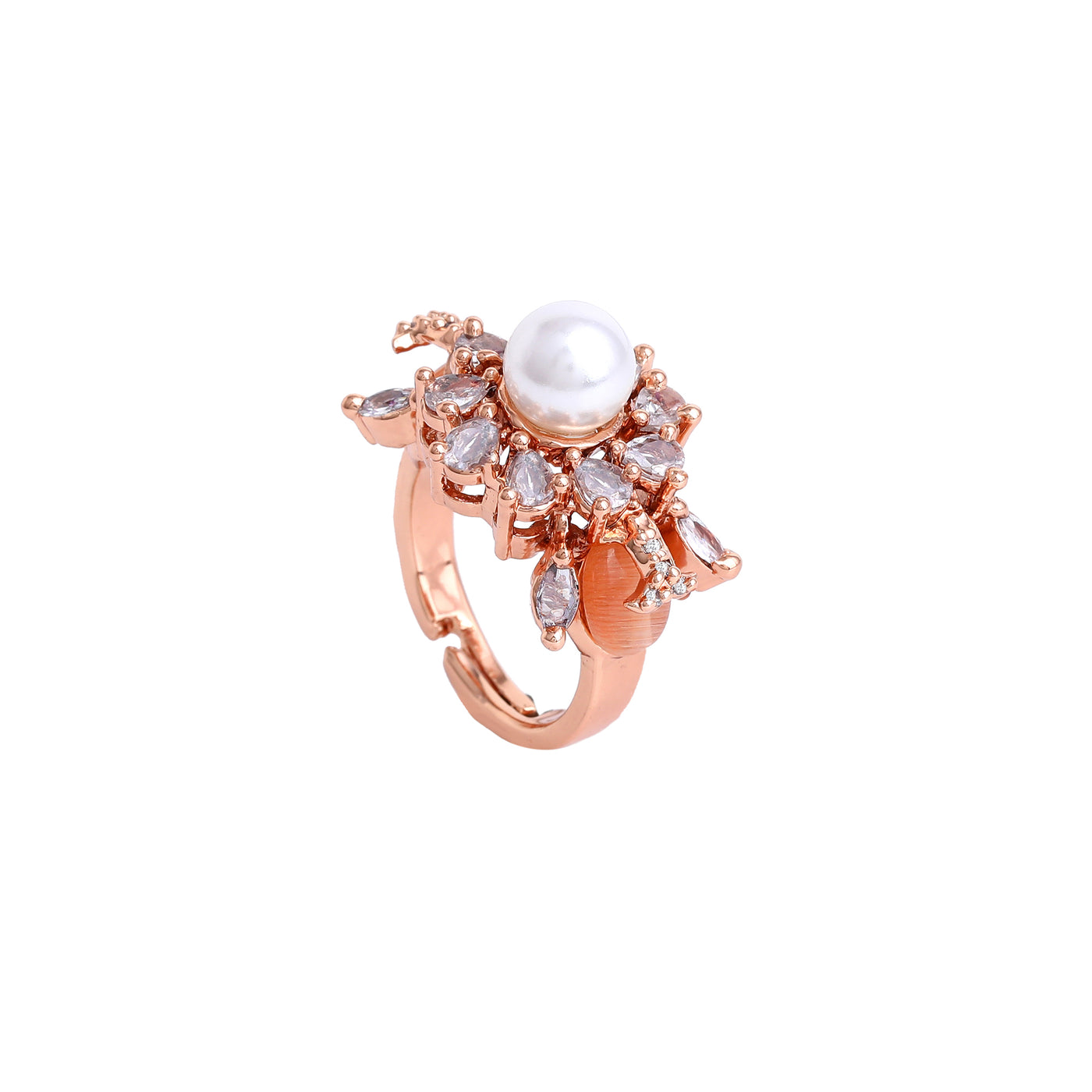 Estele Rosegold Plated Dazzling Mint Orange Beads Adorned Adjustable Varya Finger Ring for Women|A Touch of Elegance