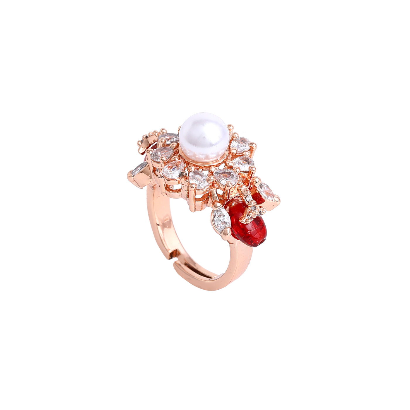 Estele Rosegold Plated Dazzling Ruby Beaded Adjustable Varya Finger Ring for Women|Classic Beauty with Modern Touch