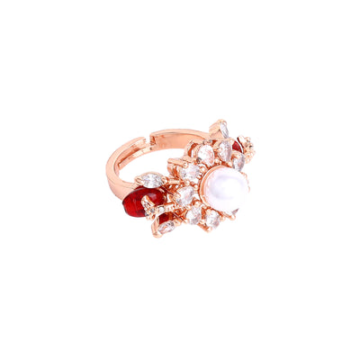 Estele Rosegold Plated Dazzling Ruby Beaded Adjustable Varya Finger Ring for Women|Classic Beauty with Modern Touch