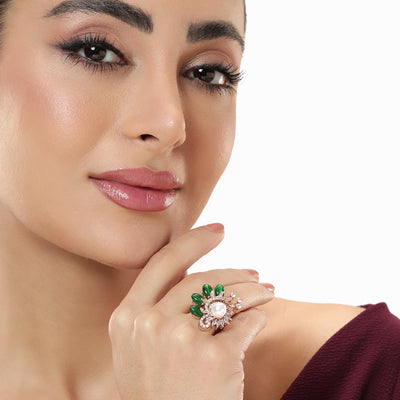 Estele Rosegold Plated Stunning Leafy Bloom Green Beaded Adjustable Varya Finger Ring for Women|A Touch of Natural Elegance