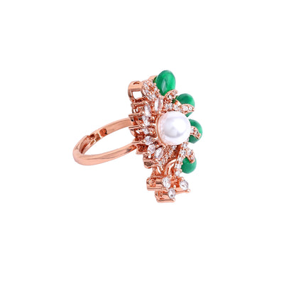 Estele Rosegold Plated Stunning Leafy Bloom Green Beaded Adjustable Varya Finger Ring for Women|A Touch of Natural Elegance