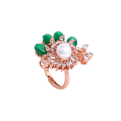 Estele Rosegold Plated Stunning Leafy Bloom Green Beaded Adjustable Varya Finger Ring for Women|A Touch of Natural Elegance