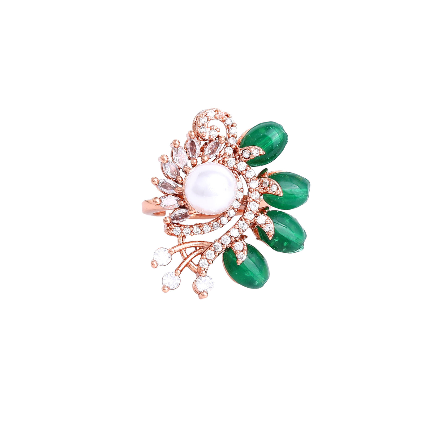 Estele Rosegold Plated Stunning Leafy Bloom Green Beaded Adjustable Varya Finger Ring for Women|A Touch of Natural Elegance