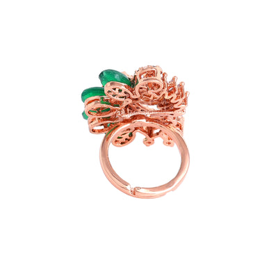 Estele Rosegold Plated Stunning Leafy Bloom Green Beaded Adjustable Varya Finger Ring for Women|A Touch of Natural Elegance