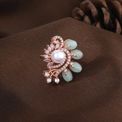 Estele Rosegold Plated Floral-Inspired Mint Green Beaded Adjustable Varya Finger Ring|A Graceful Accessory for Modern Women