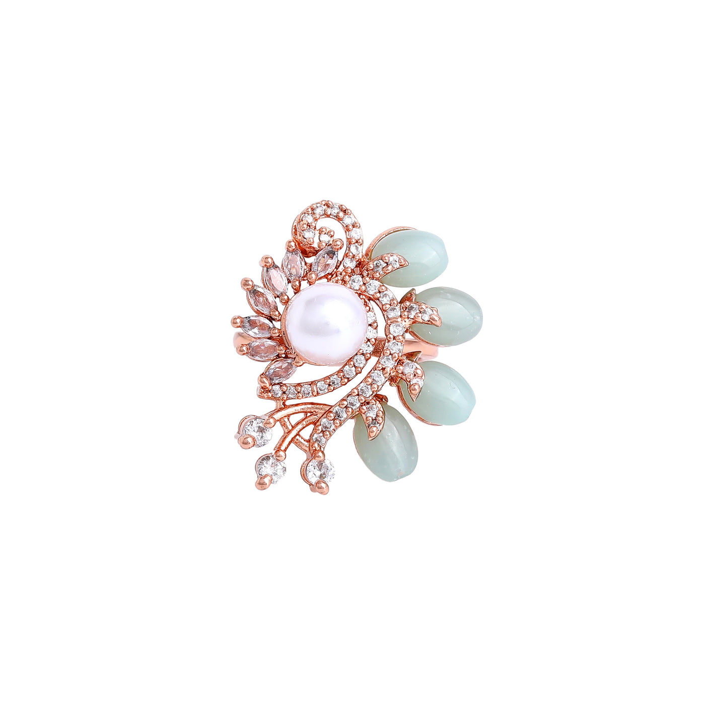 Estele Rosegold Plated Floral-Inspired Mint Green Beaded Adjustable Varya Finger Ring|A Graceful Accessory for Modern Women