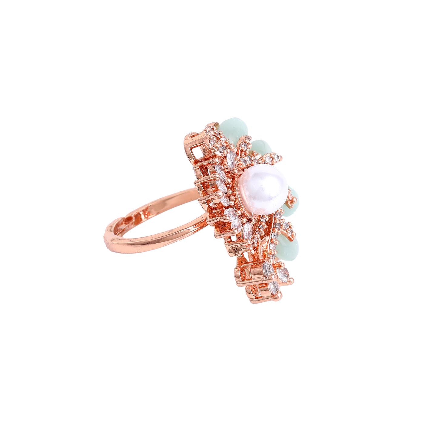 Estele Rosegold Plated Floral-Inspired Mint Green Beaded Adjustable Varya Finger Ring|A Graceful Accessory for Modern Women