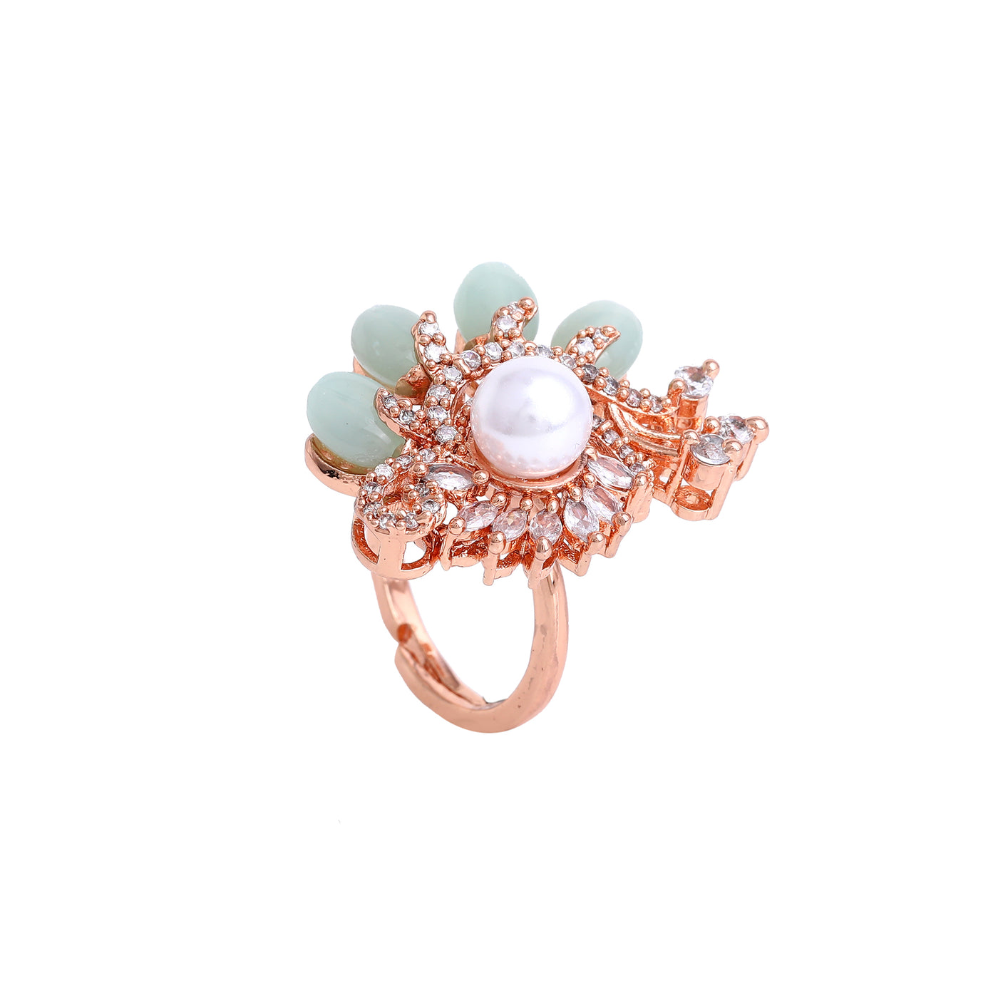 Estele Signature Floral Essence Rosegold Plated Adjustable Bracelet & Finger Ring Combo with Vibrant Mint Green Beads Graceful & Lightweight