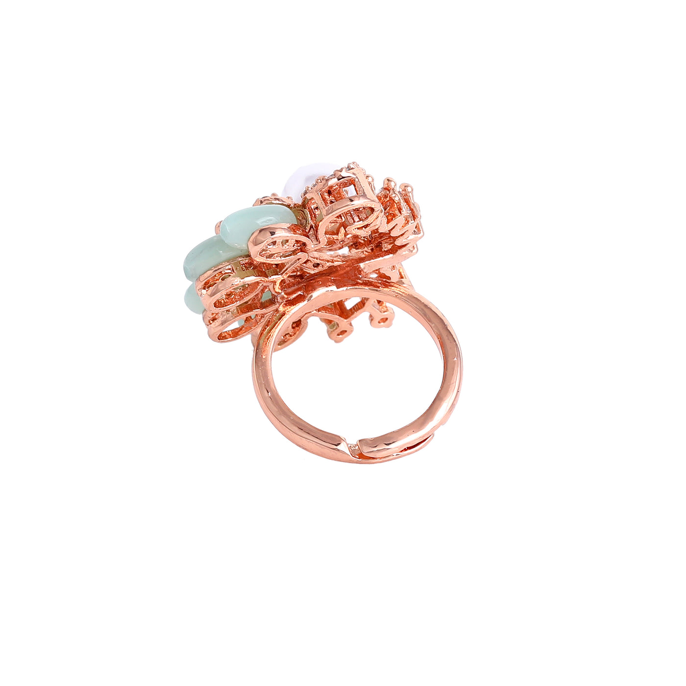 Estele Rosegold Plated Floral-Inspired Mint Green Beaded Adjustable Varya Finger Ring|A Graceful Accessory for Modern Women