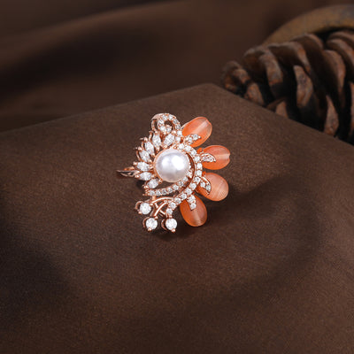 Estele Rosegold Plated Mint Orange Beaded Adjustable Varya Finger Ring with Leafy Bloom Accent|A Touch of Nature’s Charm for Women