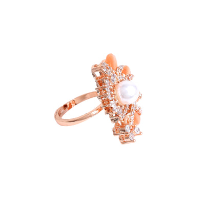 Estele Rosegold Plated Mint Orange Beaded Adjustable Varya Finger Ring with Leafy Bloom Accent|A Touch of Nature’s Charm for Women