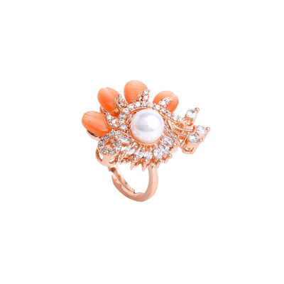 Estele Rosegold Plated Mint Orange Beaded Adjustable Varya Finger Ring with Leafy Bloom Accent|A Touch of Nature’s Charm for Women