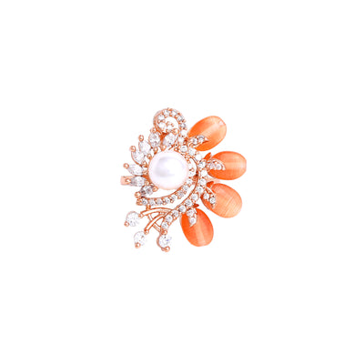 Estele Rosegold Plated Mint Orange Beaded Adjustable Varya Finger Ring with Leafy Bloom Accent|A Touch of Nature’s Charm for Women