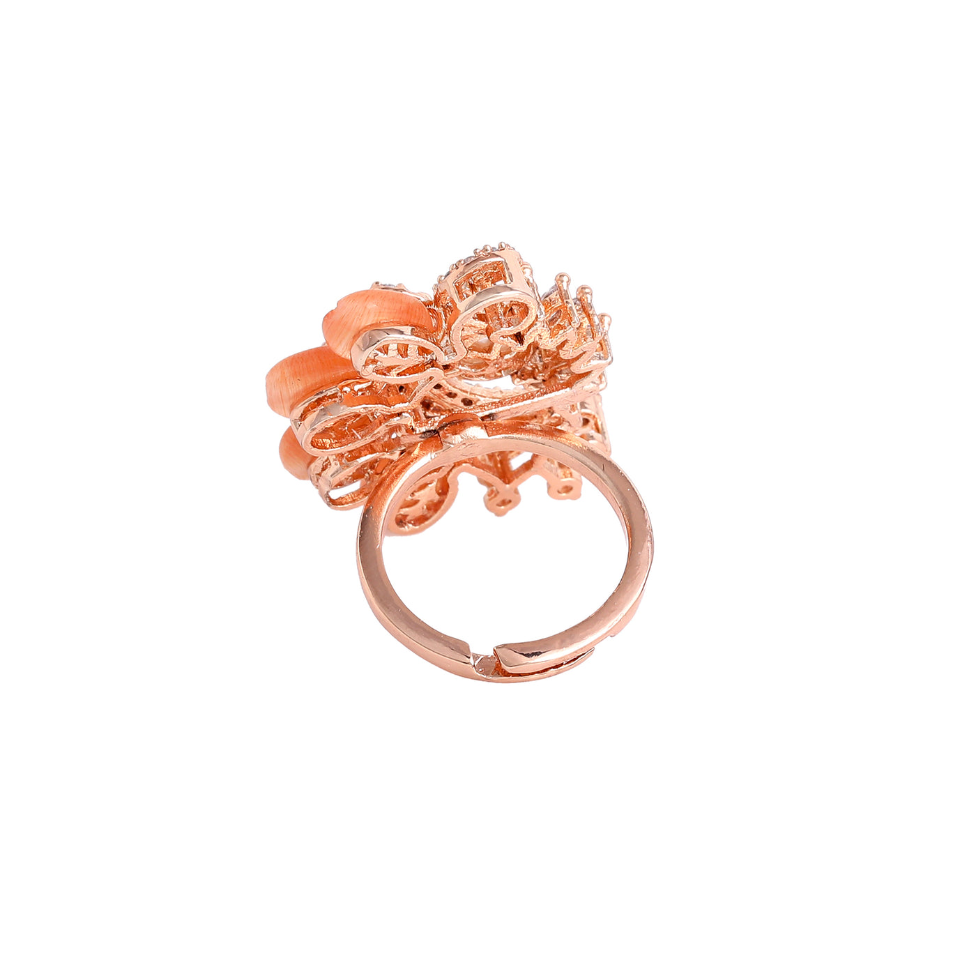 Estele Rosegold Plated Mint Orange Beaded Adjustable Varya Finger Ring with Leafy Bloom Accent|A Touch of Nature’s Charm for Women