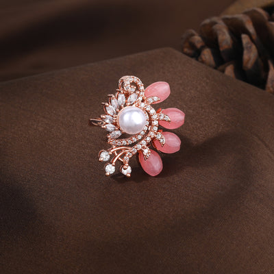 Estele Rosegold Plated Floral Mint Pink Beaded Adjustable Varya Finger Ring with Leafy Bloom Design|A Graceful Accessory for Women