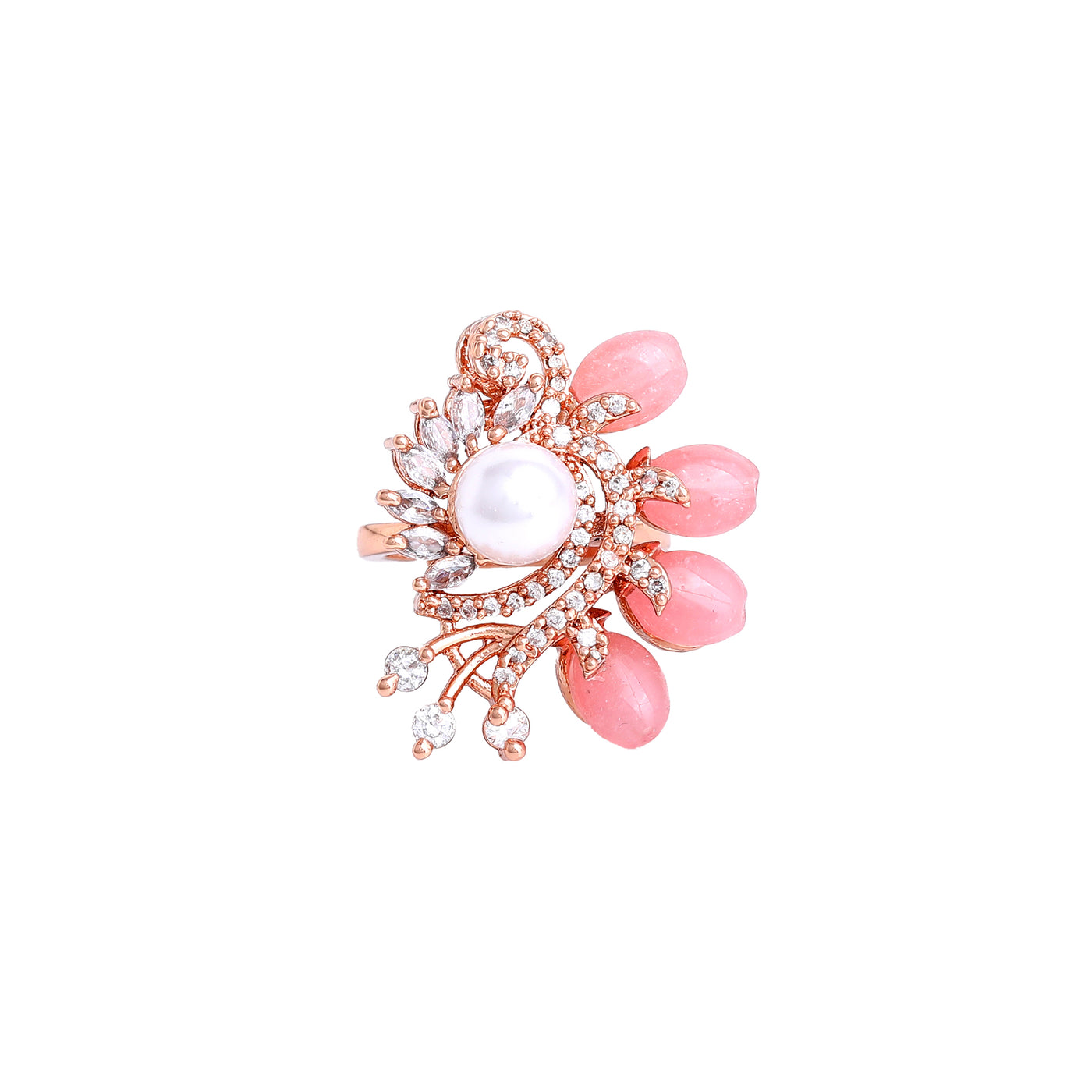 Estele Rosegold Plated Floral Mint Pink Beaded Adjustable Varya Finger Ring with Leafy Bloom Design|A Graceful Accessory for Women