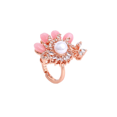 Estele Rosegold Plated Floral Mint Pink Beaded Adjustable Varya Finger Ring with Leafy Bloom Design|A Graceful Accessory for Women