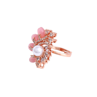 Estele Rosegold Plated Floral Mint Pink Beaded Adjustable Varya Finger Ring with Leafy Bloom Design|A Graceful Accessory for Women