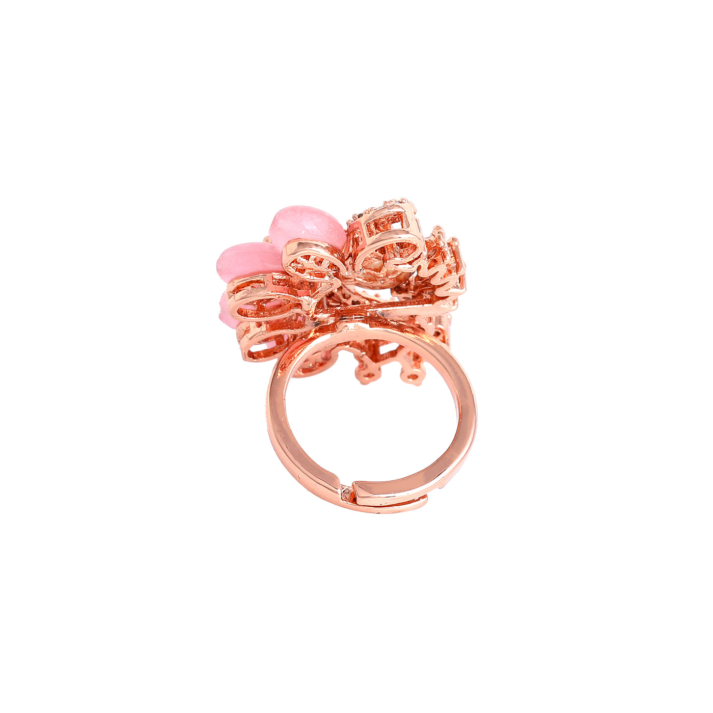 Estele Rosegold Plated Floral Mint Pink Beaded Adjustable Varya Finger Ring with Leafy Bloom Design|A Graceful Accessory for Women