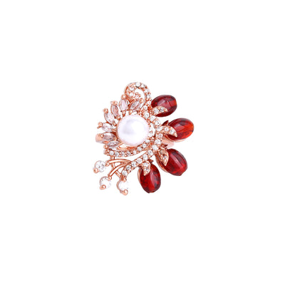 Estele Rosegold Plated Leafy Bloom Ruby Beaded Adjustable Varya Finger Ring for Women|A Perfect Fusion of Nature and Style