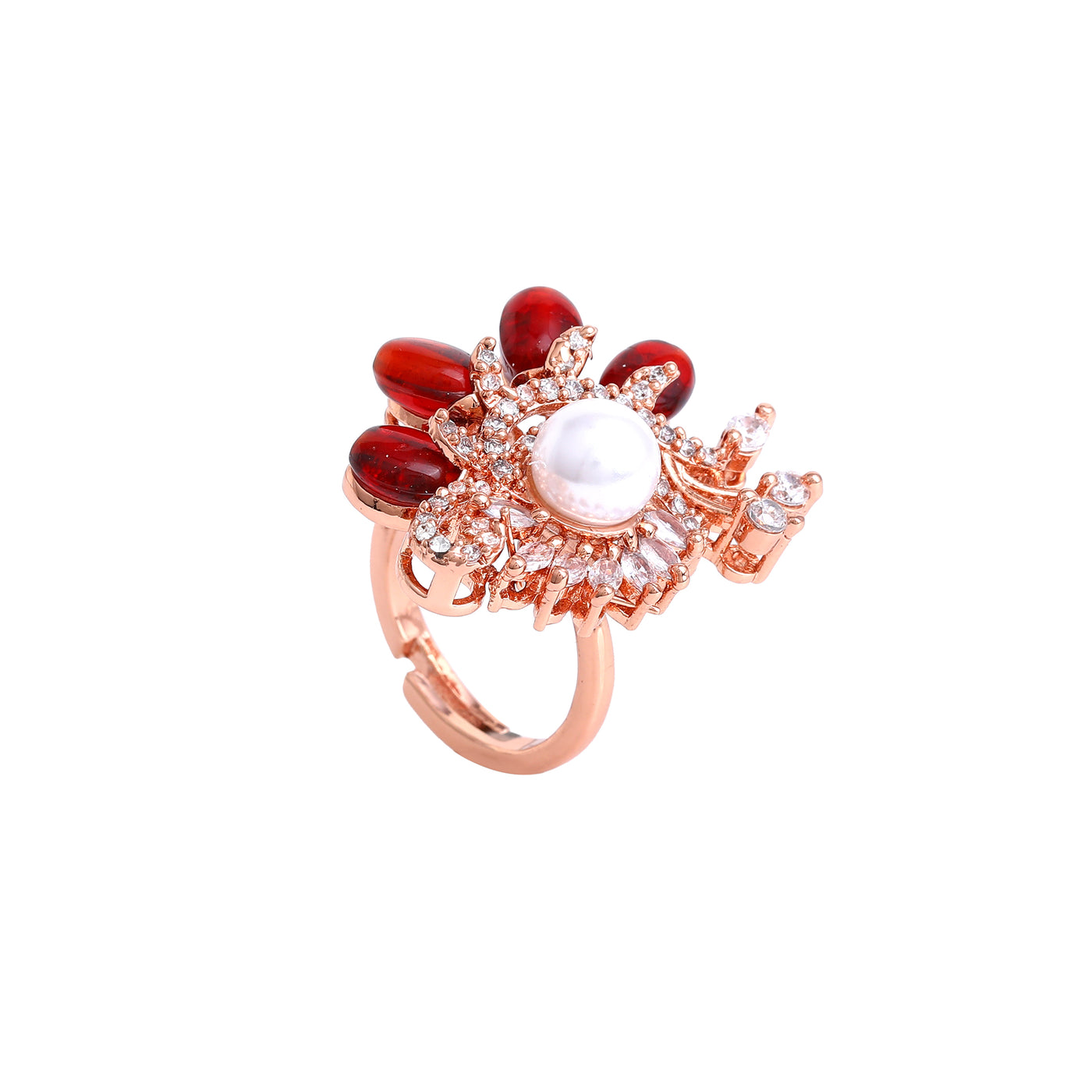 Estele Rosegold Plated Leafy Bloom Ruby Beaded Adjustable Varya Finger Ring for Women|A Perfect Fusion of Nature and Style