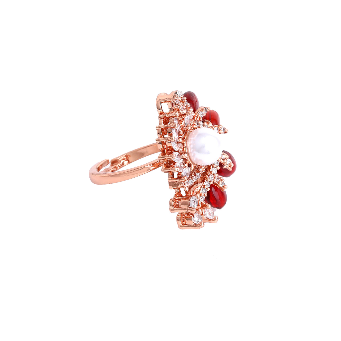 Estele Rosegold Plated Leafy Bloom Ruby Beaded Adjustable Varya Finger Ring for Women|A Perfect Fusion of Nature and Style