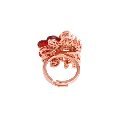 Estele Rosegold Plated Leafy Bloom Ruby Beaded Adjustable Varya Finger Ring for Women|A Perfect Fusion of Nature and Style