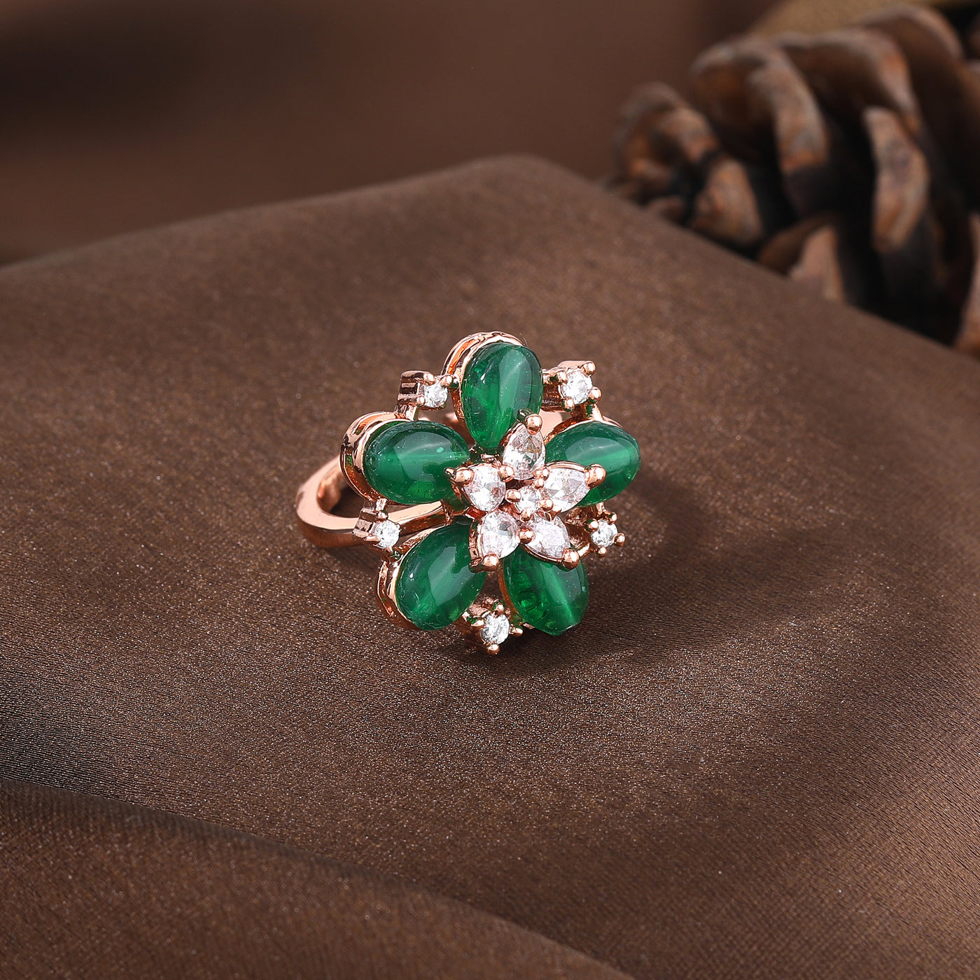 Estele Rosegold Plated Elegant Floral Motifs Adorned Green Beaded Adjustable Finger Ring|Timeless Accessory for Women