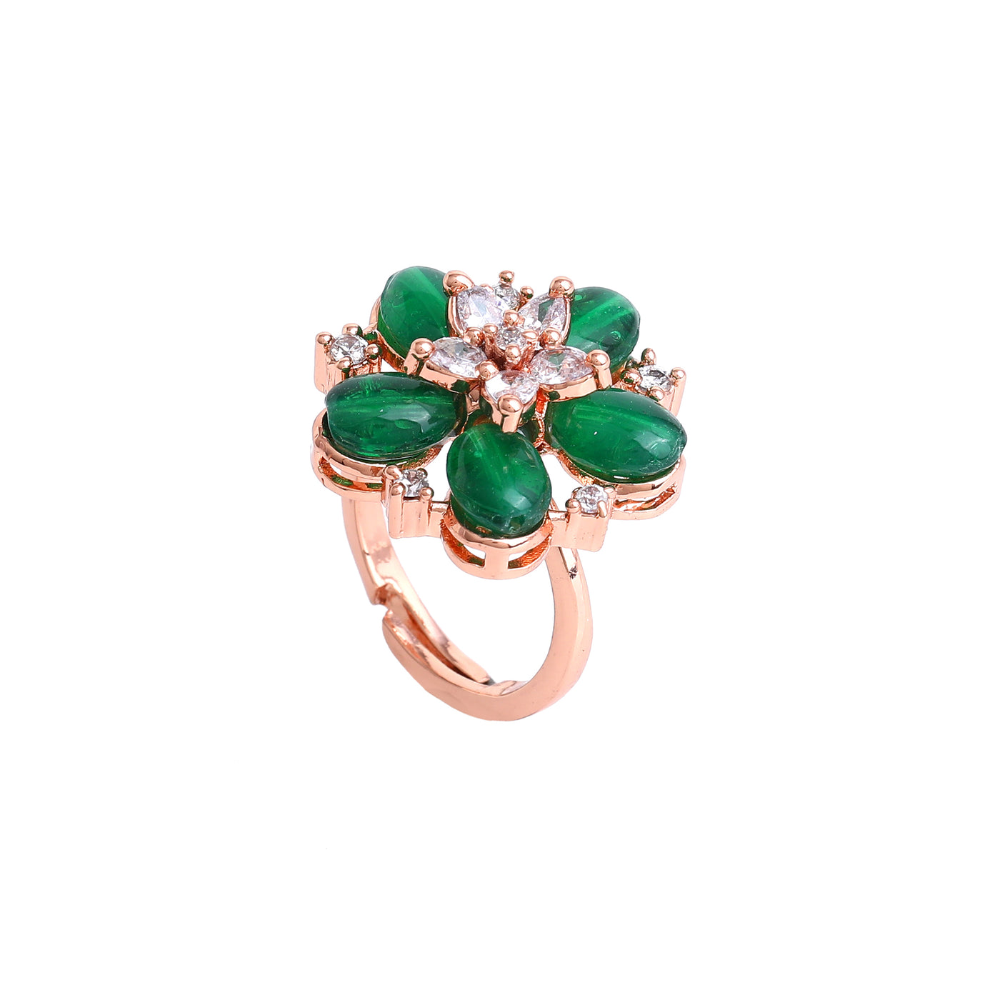 Estele Rosegold Plated Elegant Floral Motifs Adorned Green Beaded Adjustable Varya Finger Ring|Timeless Accessory for Women